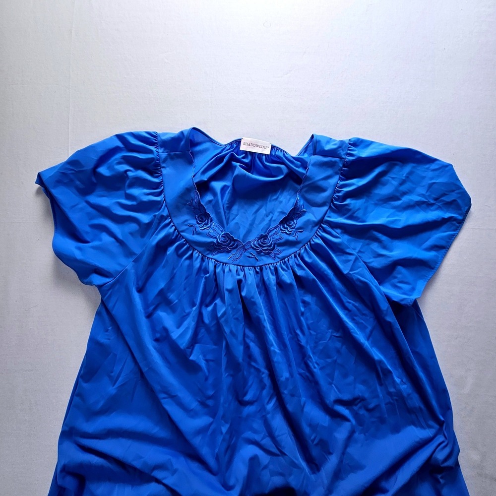Shadowline Royal Blue Floral Embroidered Full Length Nightgown Short Sleeve